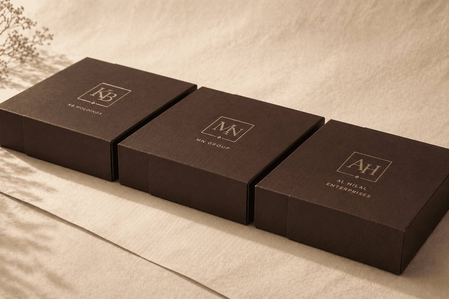 Branded gift box with embossed logo and foil sleeve